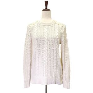 LL Bean Ivory Cable Knit Sweater Button Shoulder Fisherman Pullover Size Medium